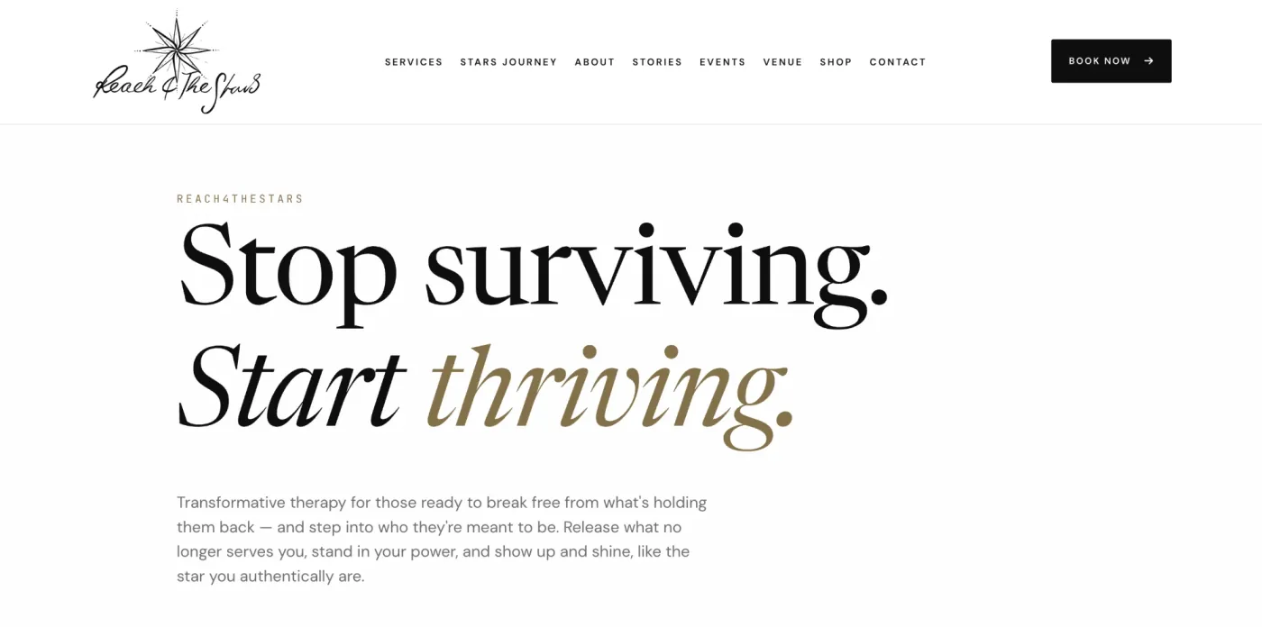 The Reach 4 The Stars home page: a script star logo and navigation above the headline 'Stop surviving. Start thriving.' set in a large serif, with a short introduction to the practice beneath.